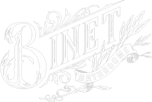 Ornate line drawing of the word "BINET" with decorative leaves and a banner reading "BATHROOMS" beneath it.